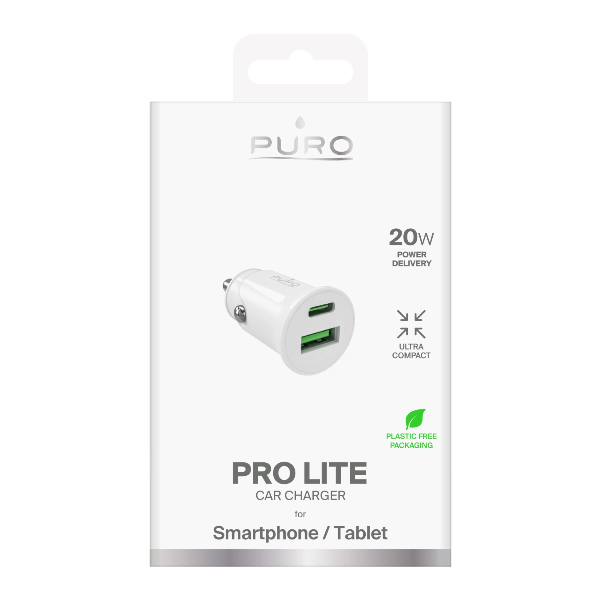 PURO Pro Lite billaddare med 1 USB-A-port och 1 USB-C-port. Vit färg