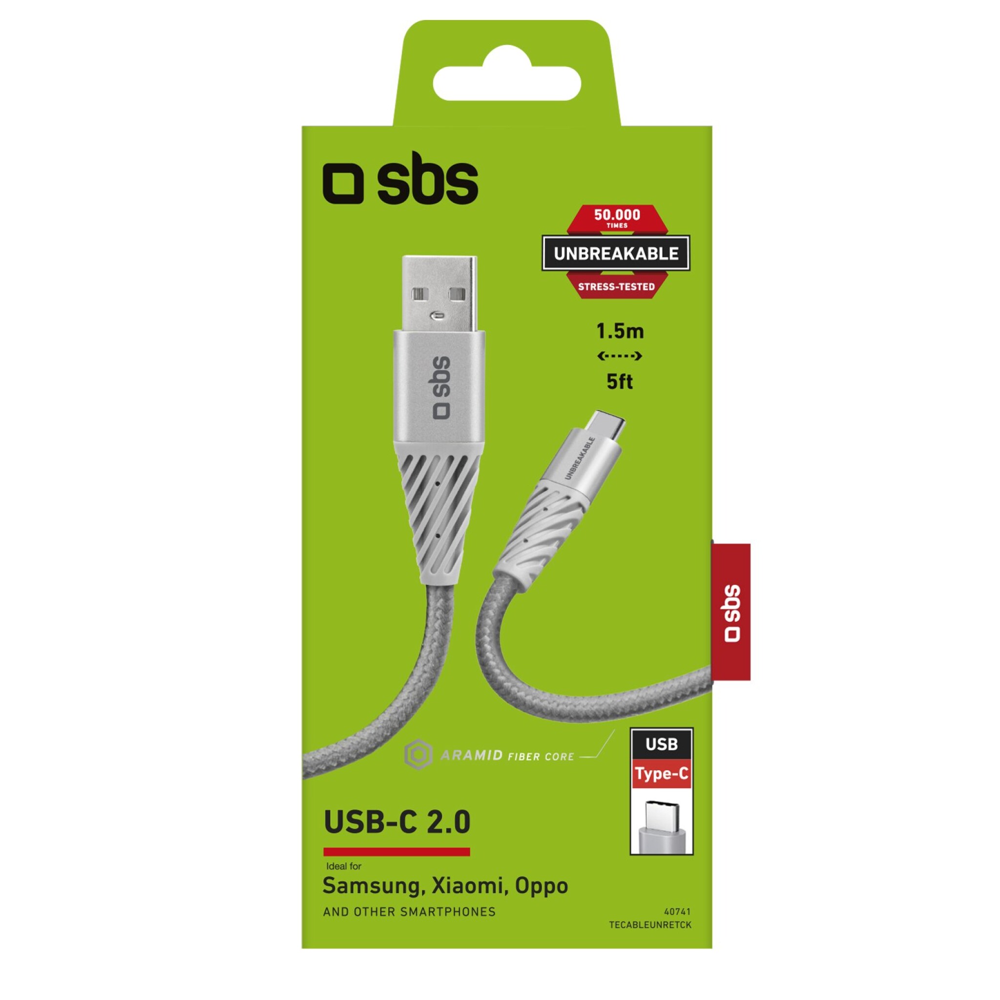 SBS ultrahållbar aramid fiber USB - USB-C kabel. Grå