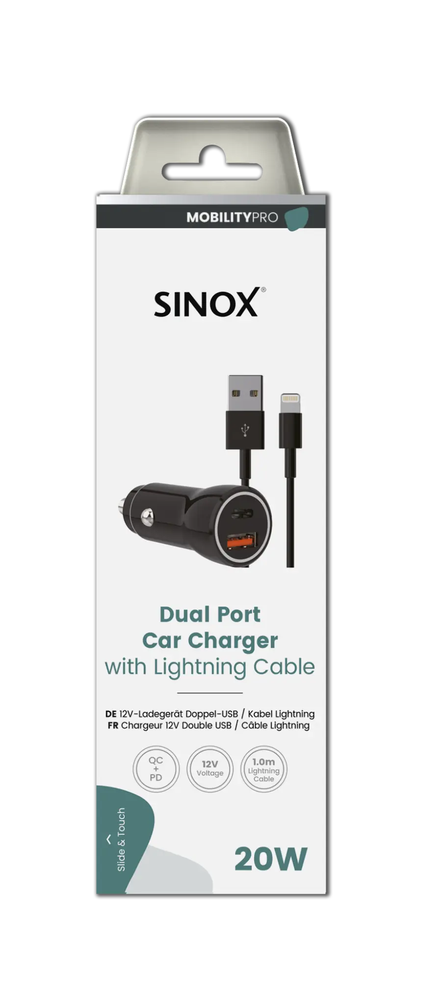 Sinox 12V dubbel billaddare. USB A 18W + USB C 20W. Svart