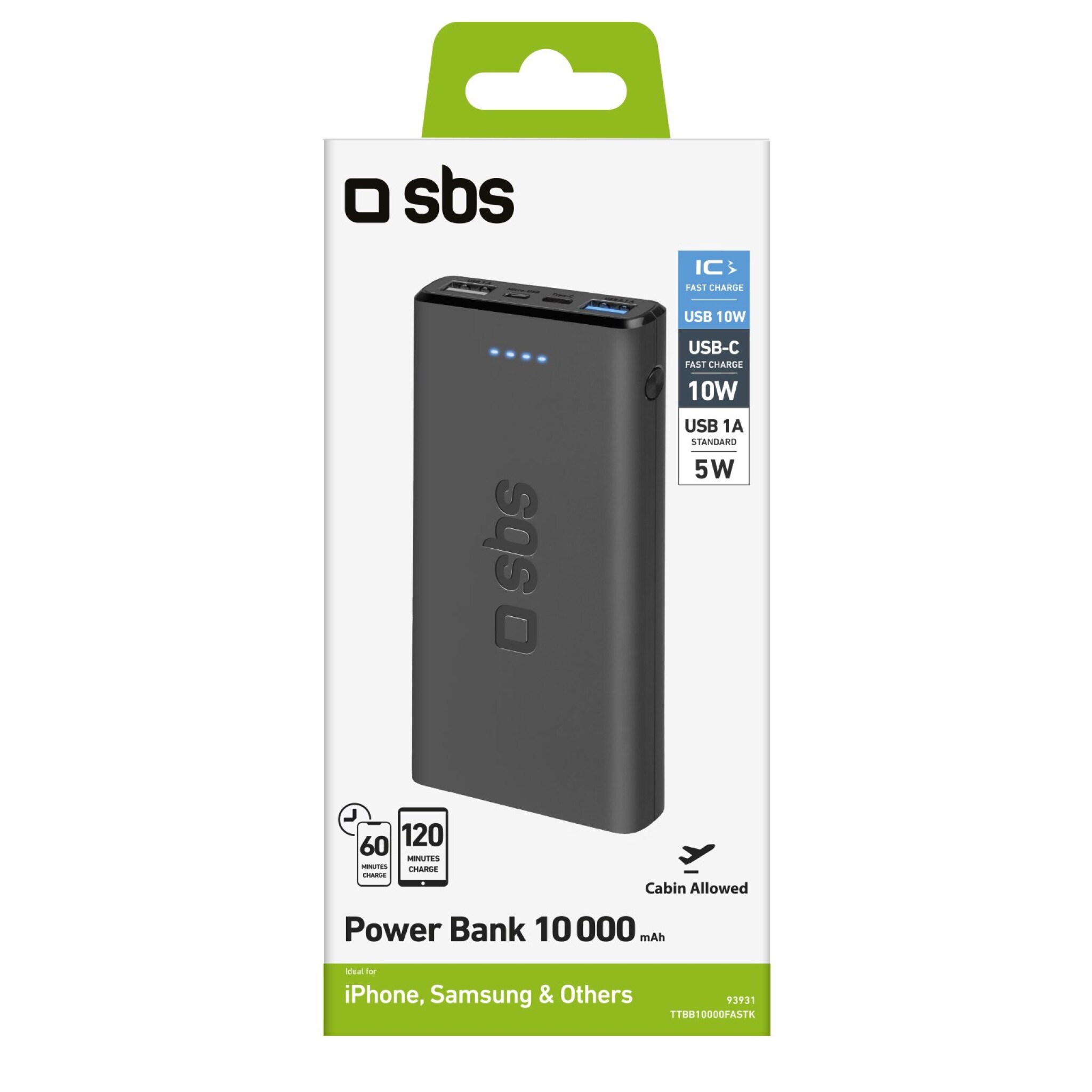 SBS Powerbank 10.000 mAh. Svart