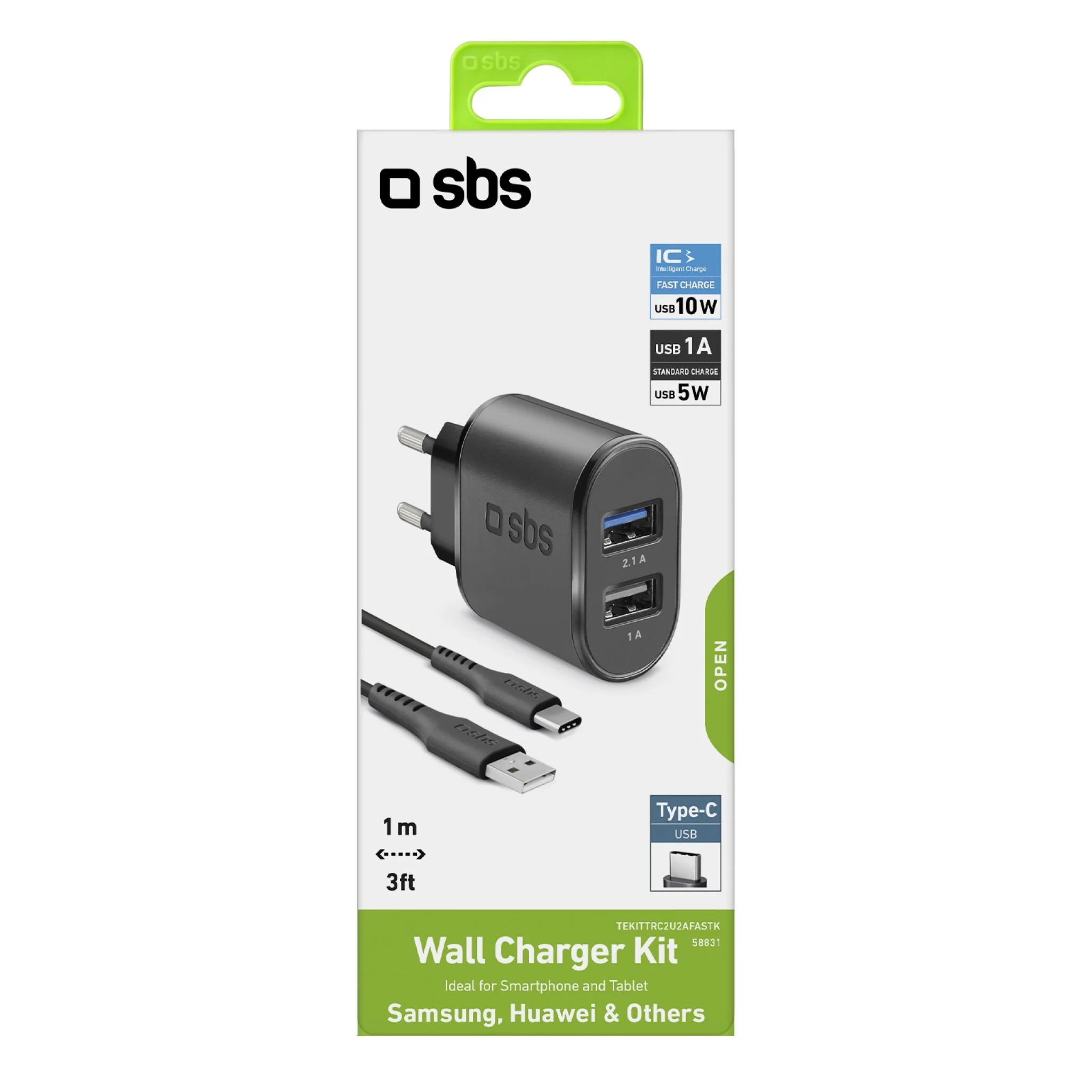 SBS 2100 mAh laddare. 1m USB - USB-C kabel. Svart