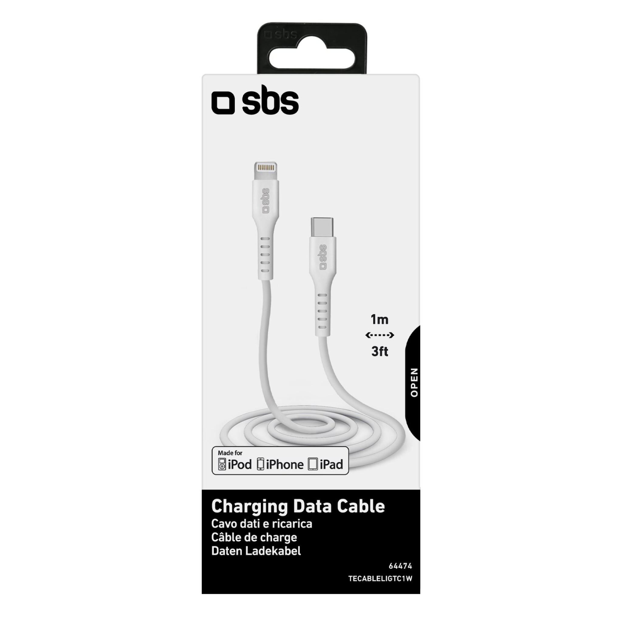 SBS USB C till Lightning kabel. 1m. Vit