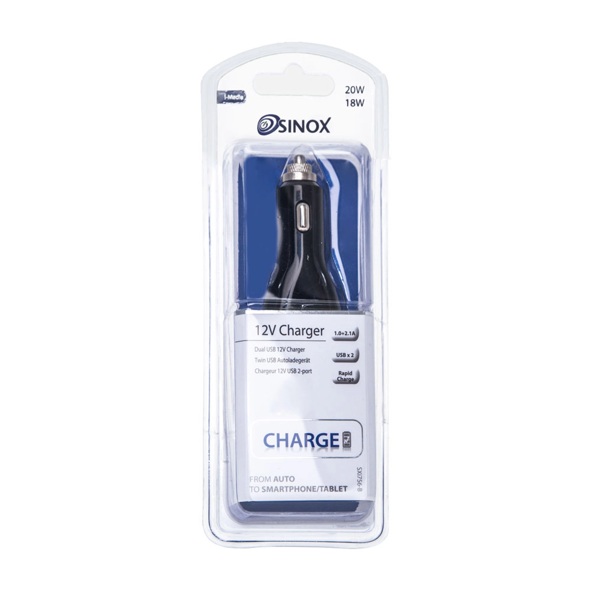 Sinox 12V dubbel USB A-billaddare. 1.0+2.1A. Svart