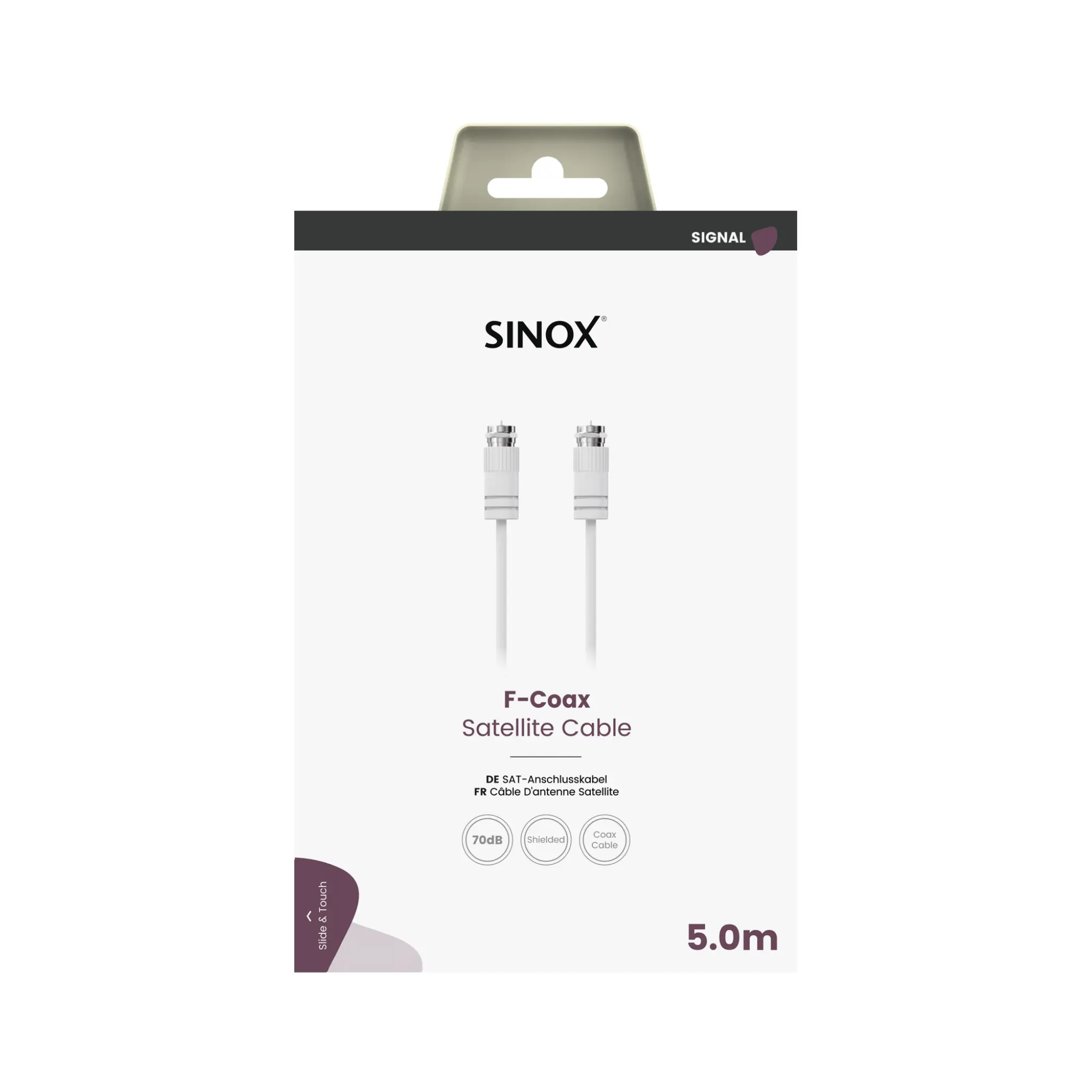 Sinox antennkabel med koax och F-kontakt. 5m. Vit