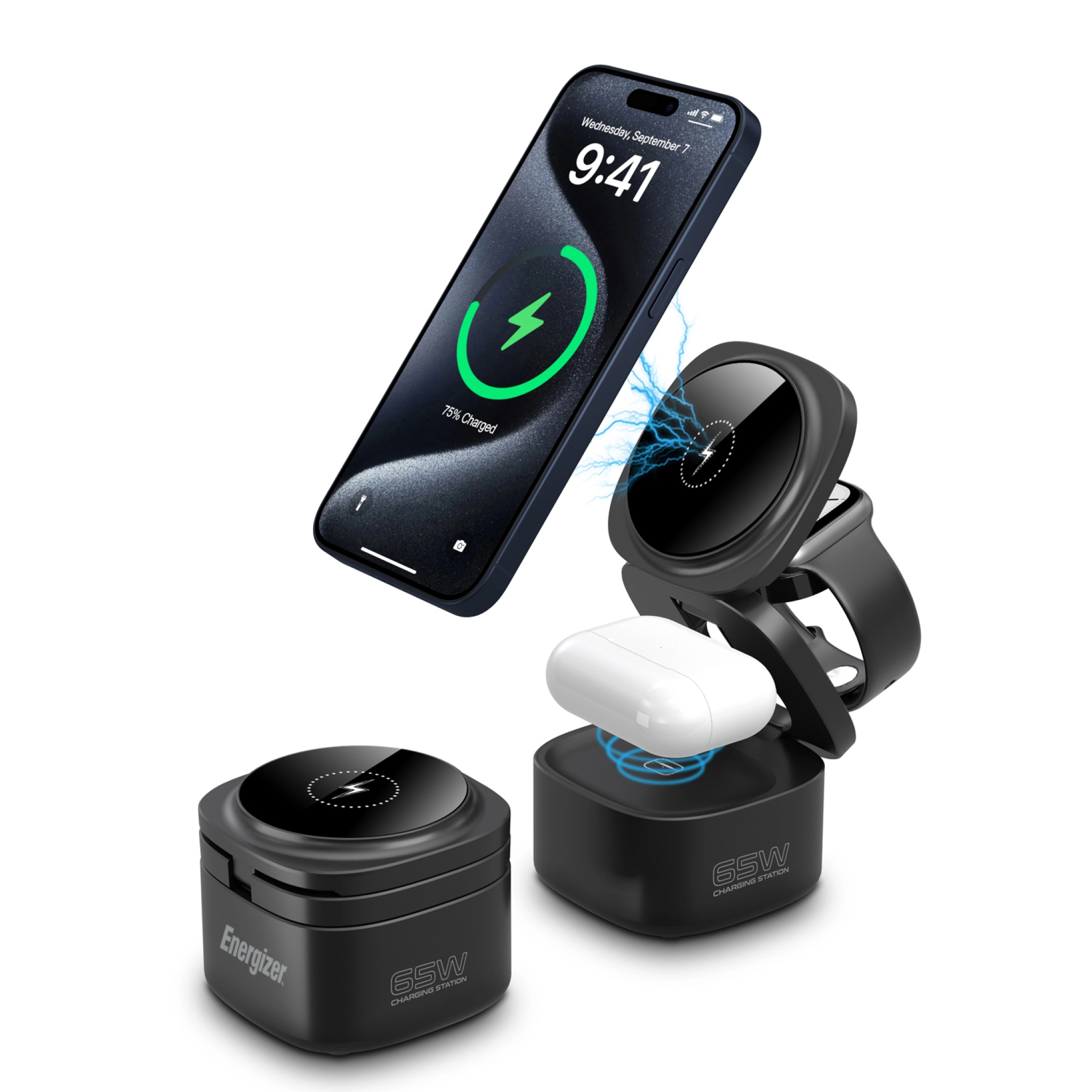 Energizer 3-i-1 trådlös laddningsstation med 65W USB-C PD. Svart