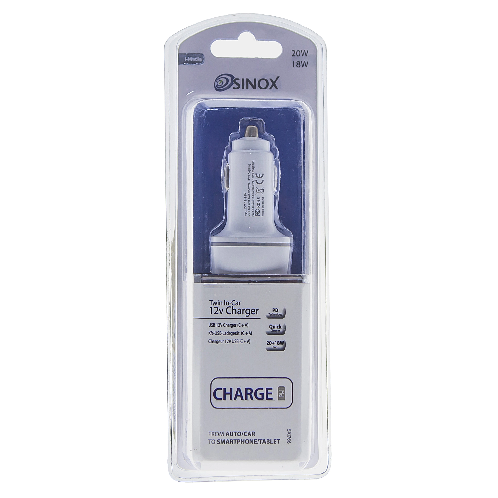 Sinox 12V dubbel USB A+USB C-laddare. Vit