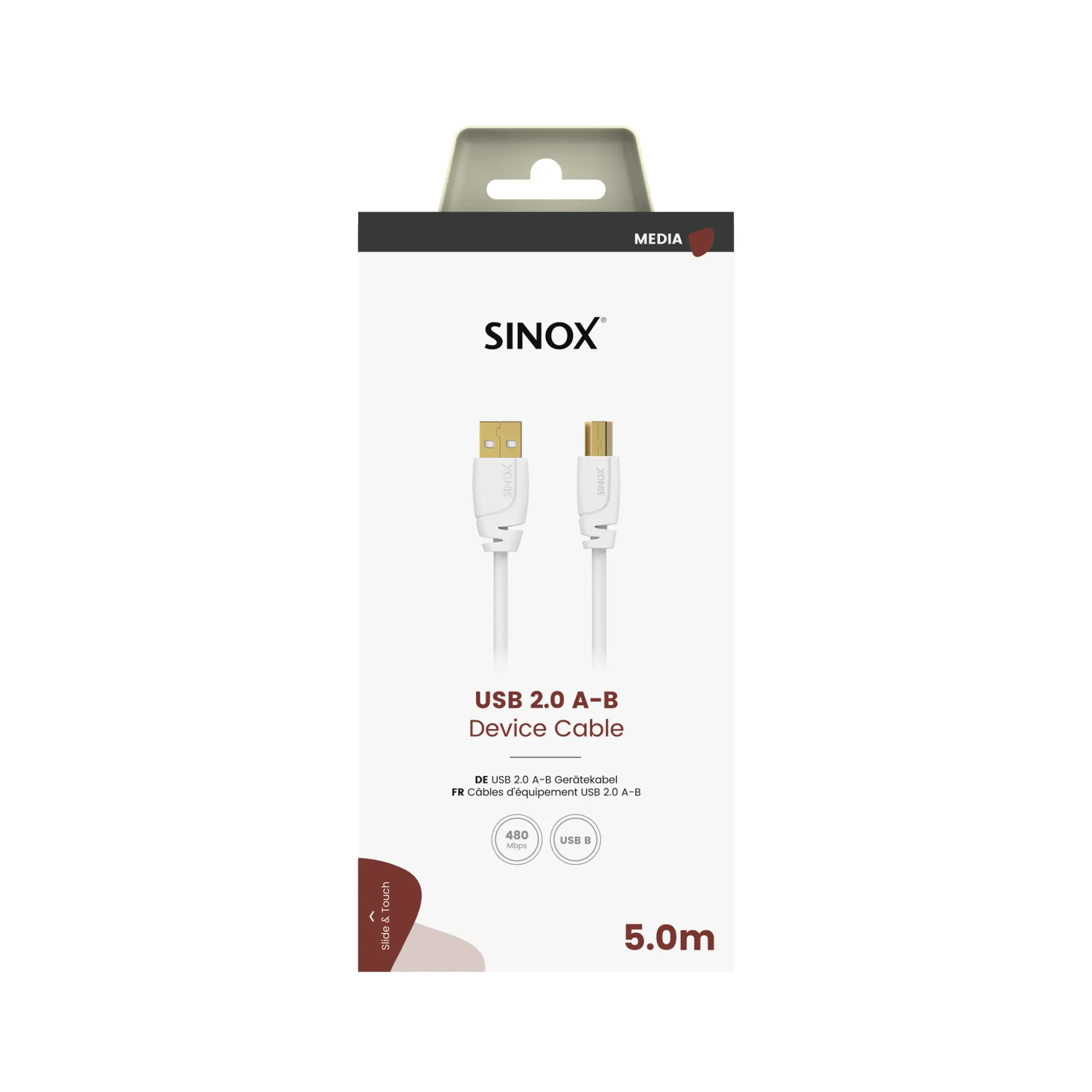 Sinox USB 2.0 Printerkabel. 5m. Vit