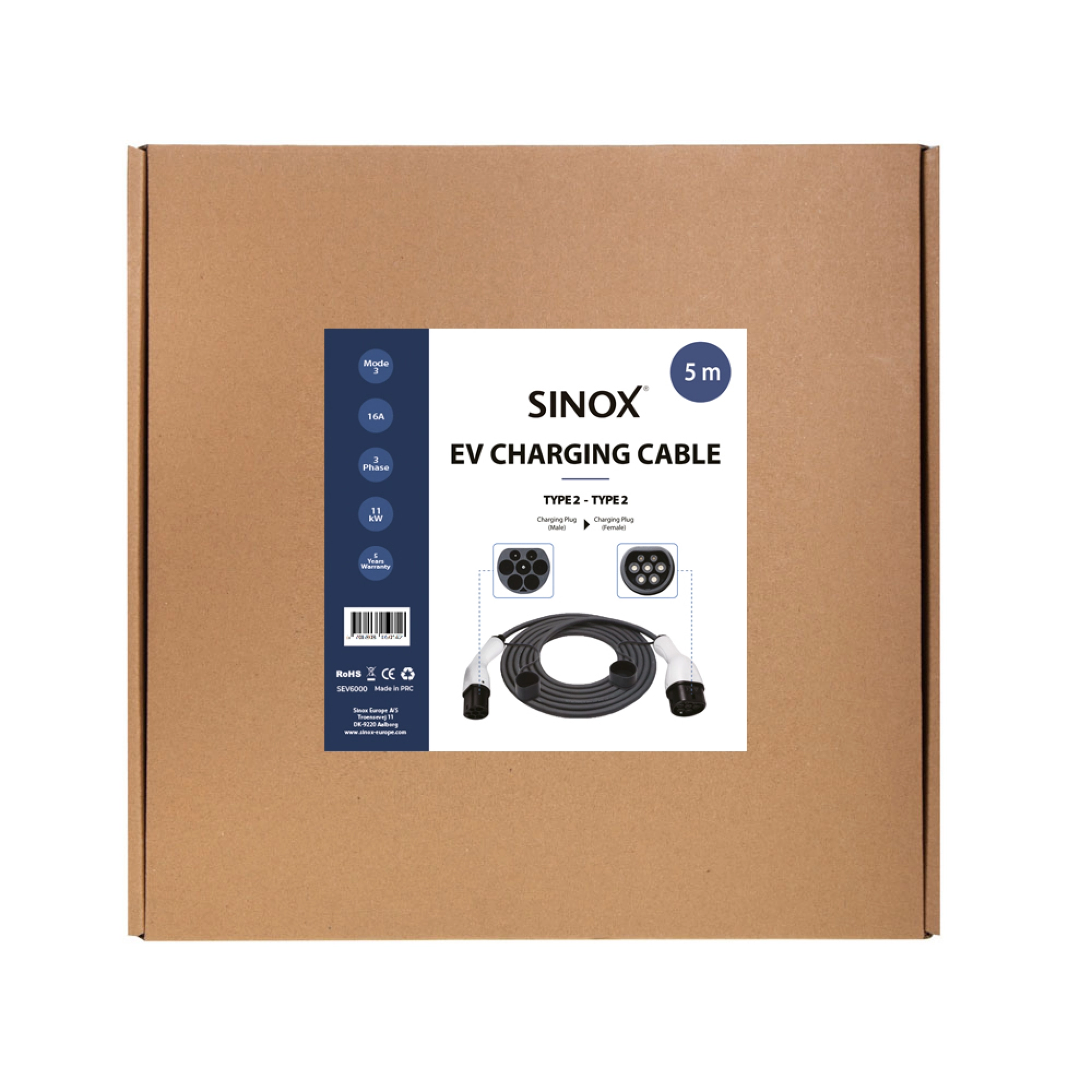 Sinox EV-laddningskabel mode 3. 16A 3 faser. 5m. Svart