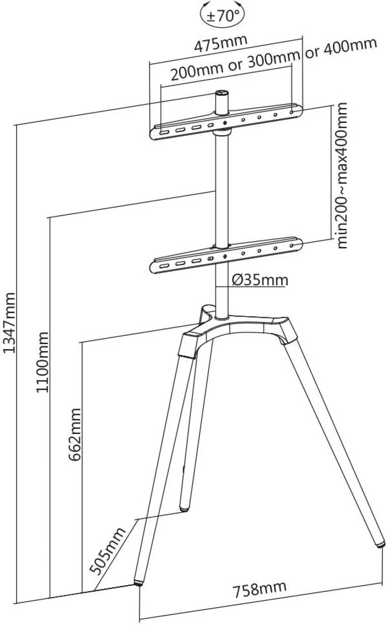 Tripod TV Golvställ. 42"-65". Vit & bok