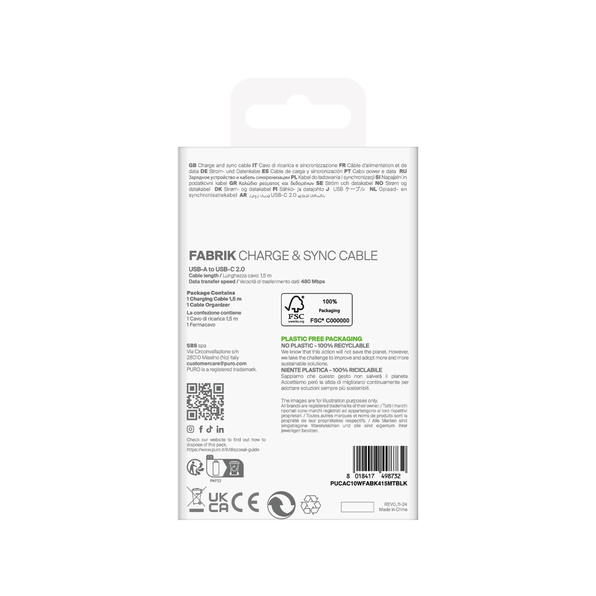 PURO Fabrik 2.0 USB-A - USB-C laddnings- och synkroniseringskabel