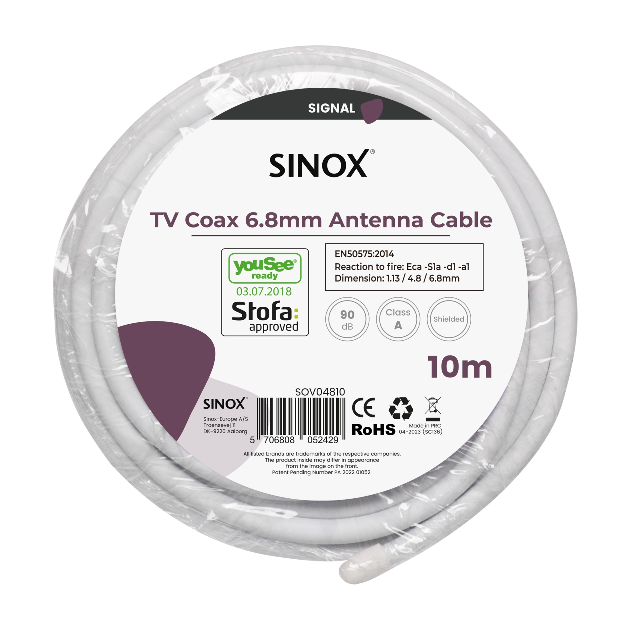Sinox antennkabel. 10m. Vit. Yousee & Stofa godkänd