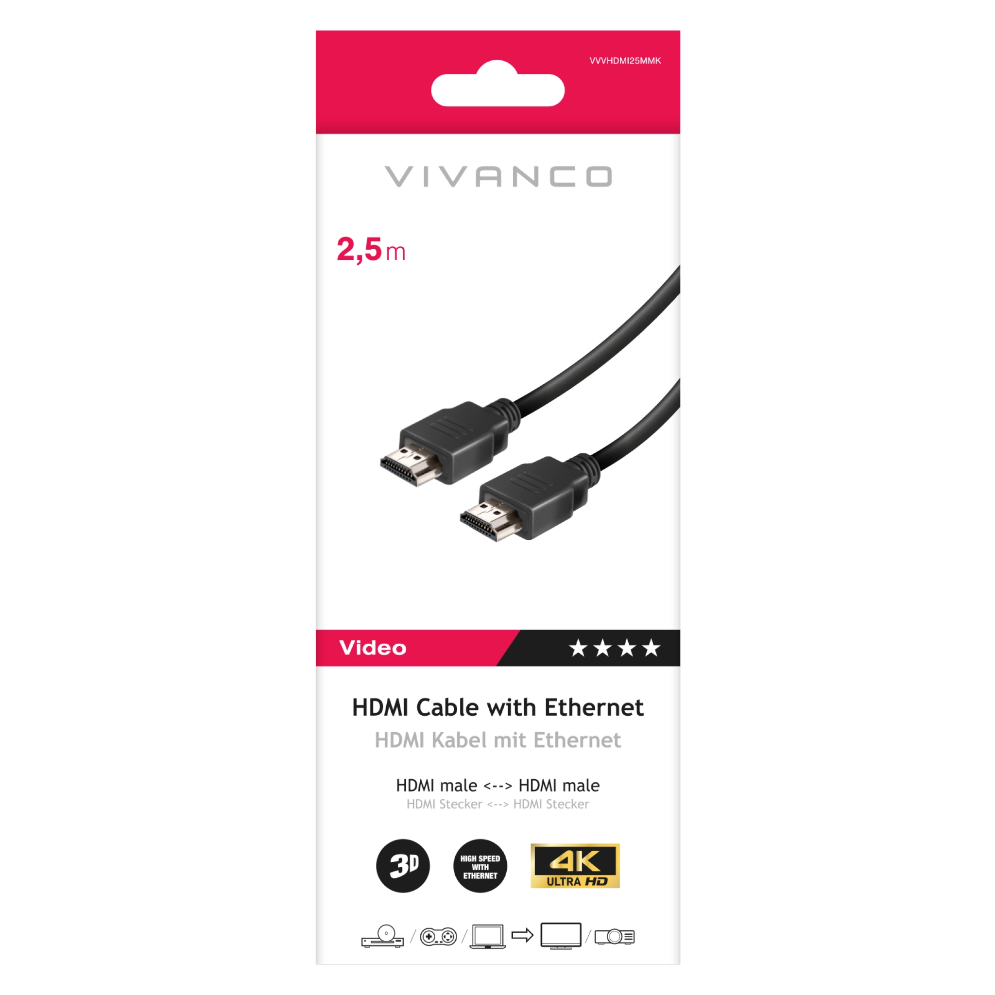 Vivanco HDMI typ A-kabel för 3D och 4K Ultra HD