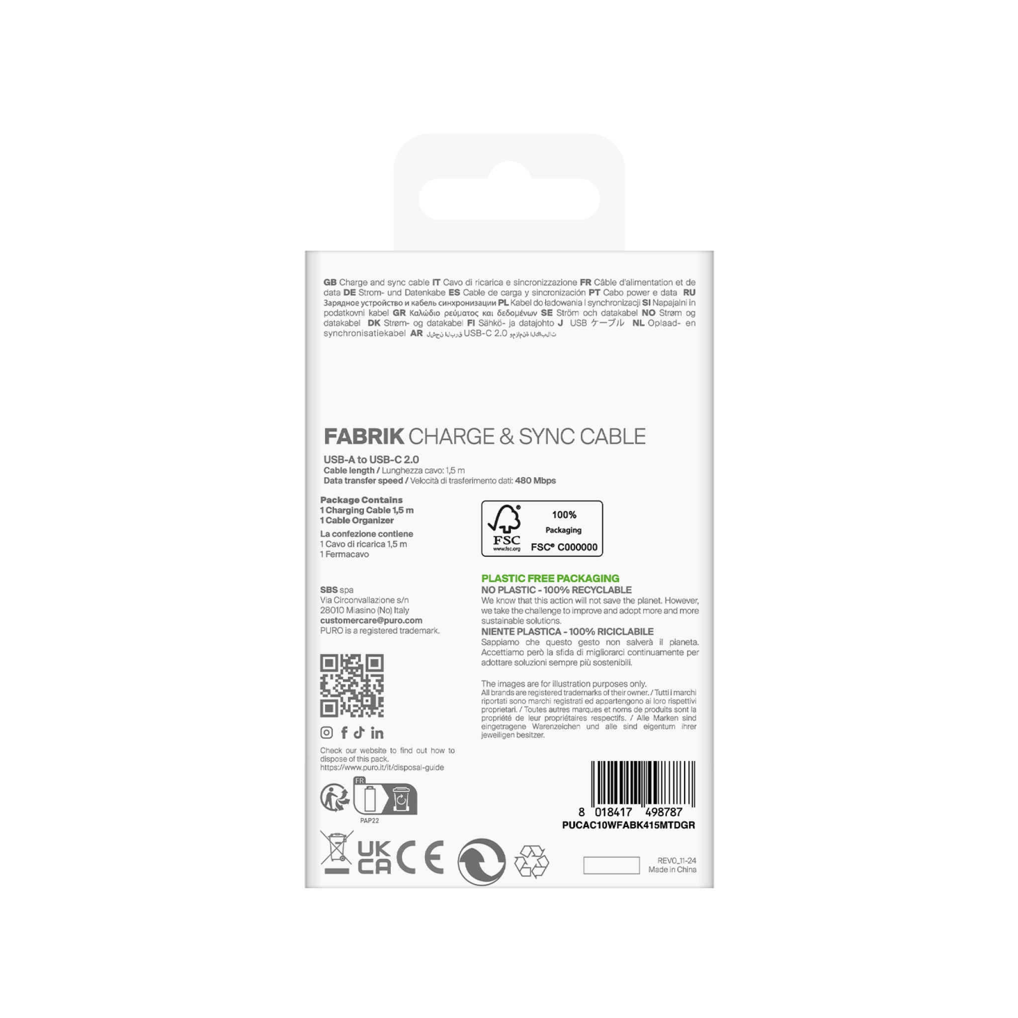 PURO Fabrik 2.0 USB-A - USB-C laddnings- och synkroniseringskabel