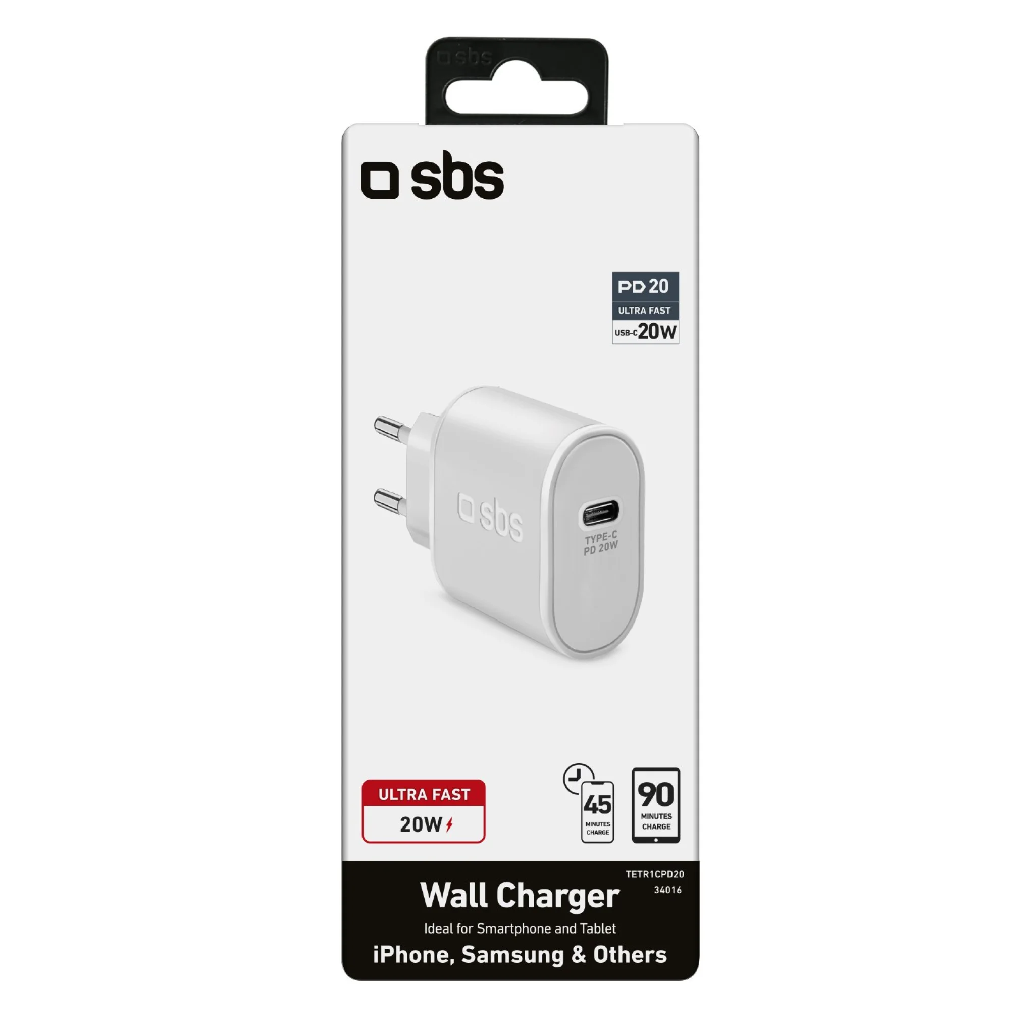 SBS Väggladdare USB-C 20W. Vit