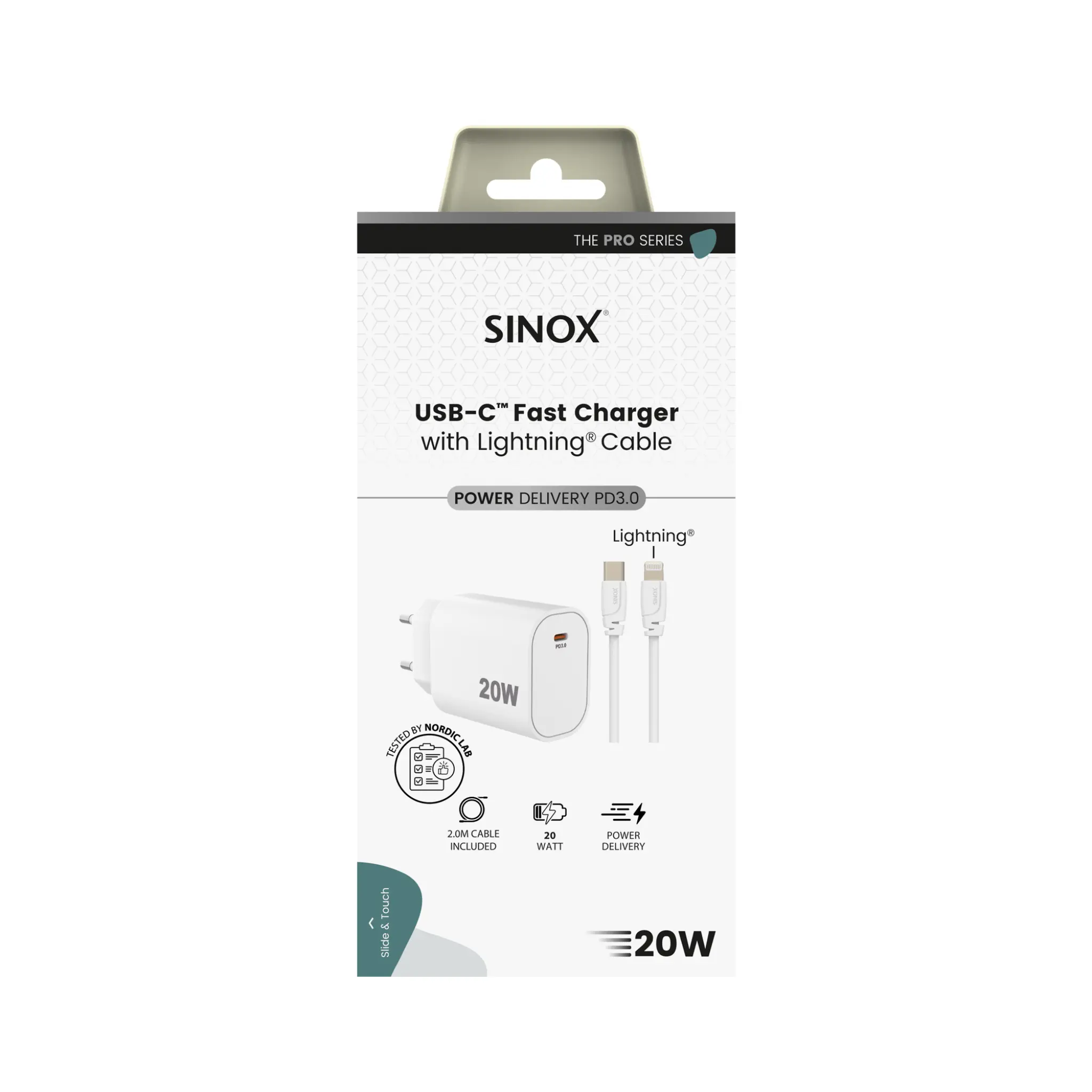 Sinox PRO väggladdare USB-C PD 20W med Lightning kabel. Vit