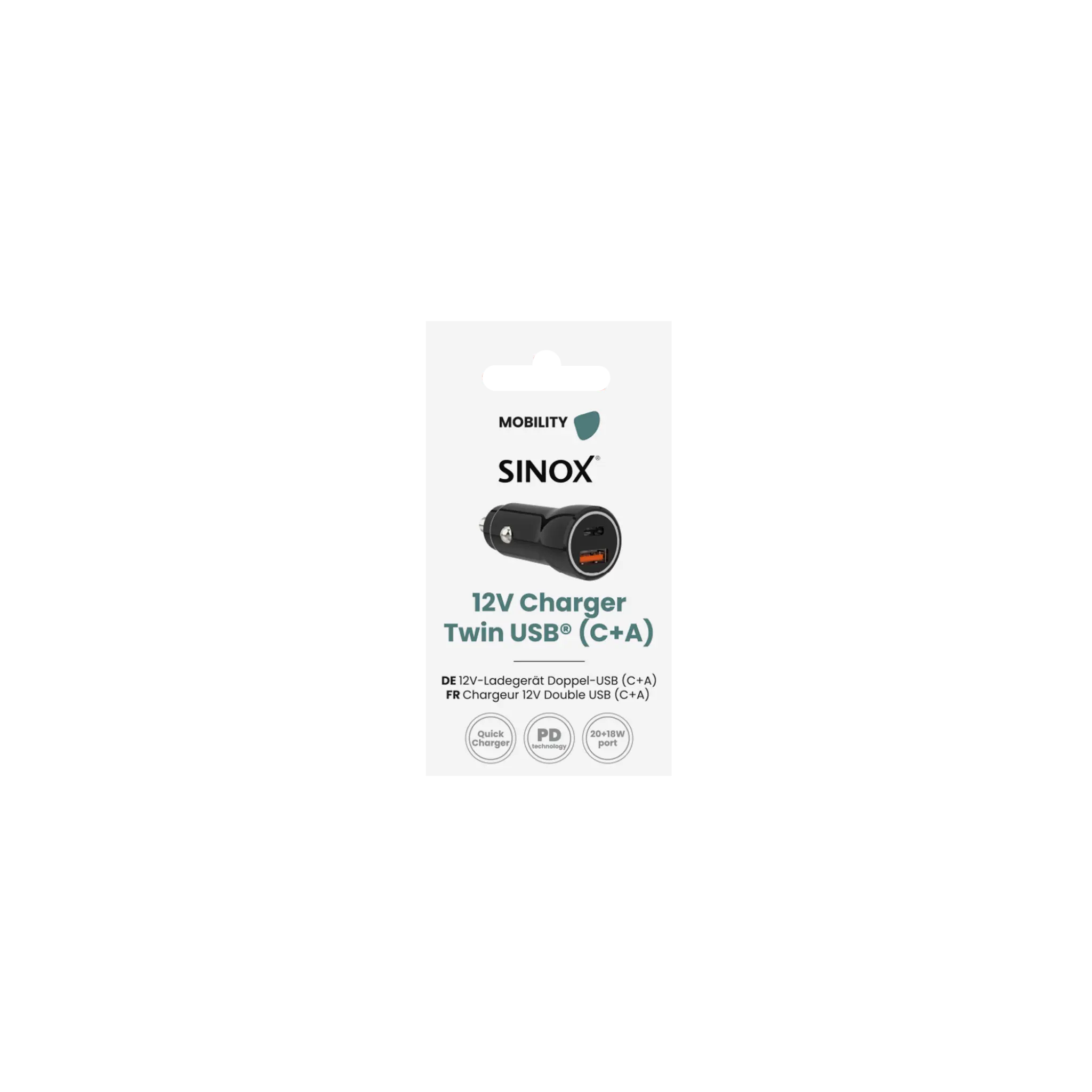 Sinox 12V dubbel billaddare. USB A 18W + USB C 20W. Svart