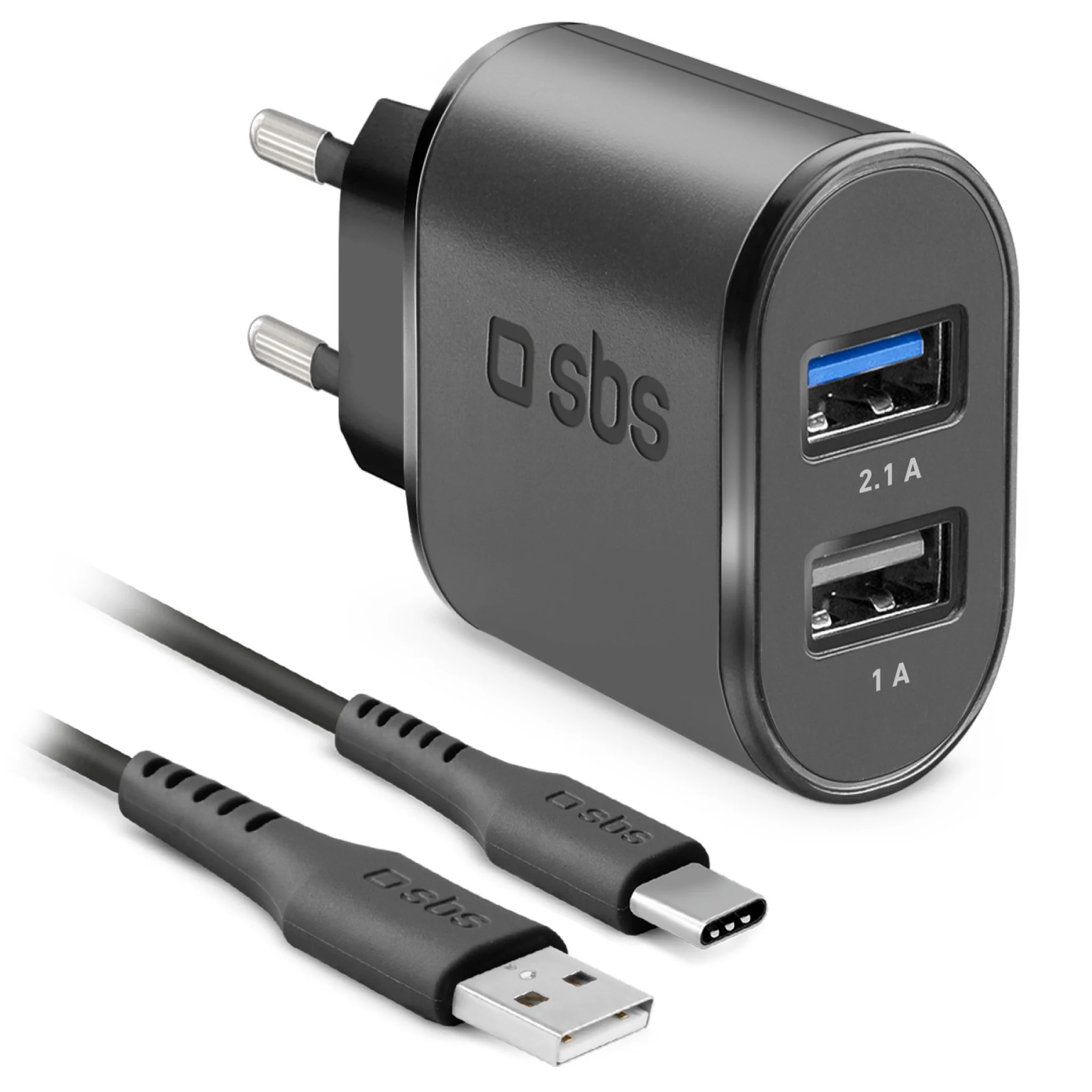 SBS 2100 mAh laddare. 1m USB - USB-C kabel. Svart