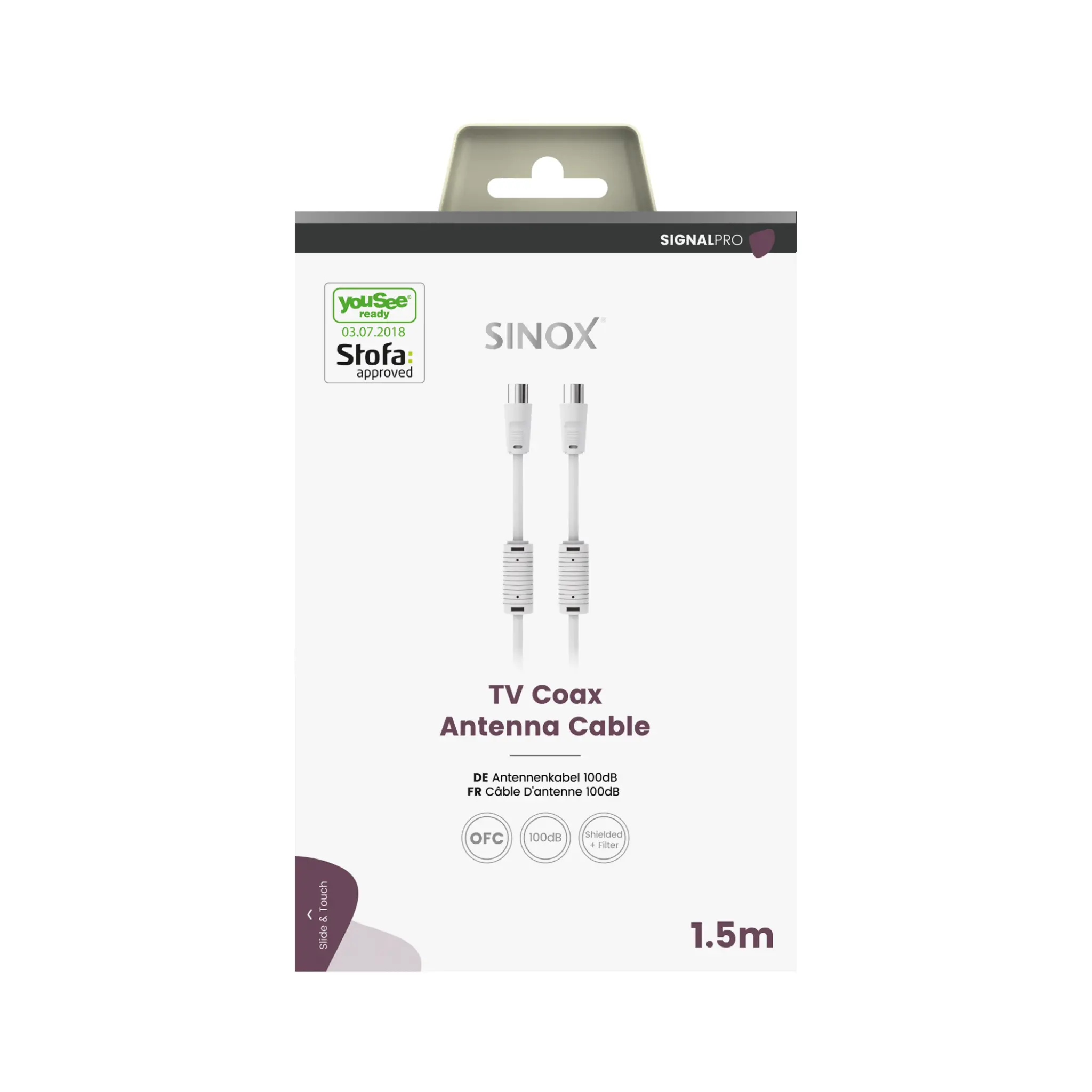 Sinox PRO antennkabel YouSee Ready & Stofa godkänd. 1,5m. Vit